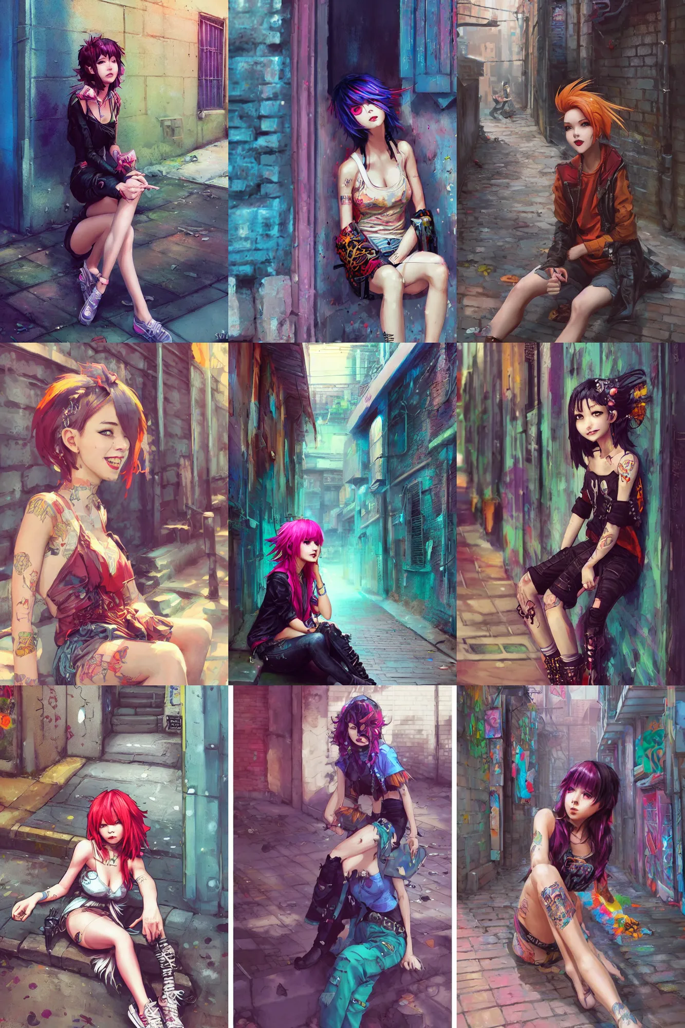 Prompt: a beautiful punk girl sitting in an alley | | cute - fine - subtle smile, colorful hair, face, pretty face, fine details by stanley artgerm lau, wlop, rossdraws, james jean, andrei riabovitchev, marc simonetti, and sakimichan, trending on artstation