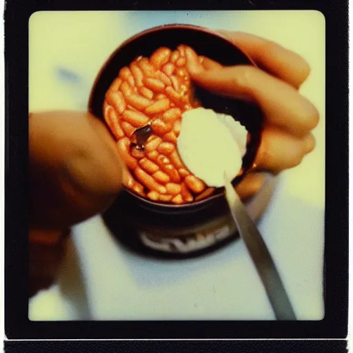 Prompt: polaroid of jerma 9 8 5 eating baked beans