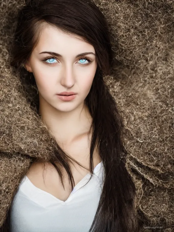 Image similar to hyperdetailed photo of a beautiful ukrainian girl, brown eyes, dark hair, winds of winter, with ripped t - shirt, wool suit