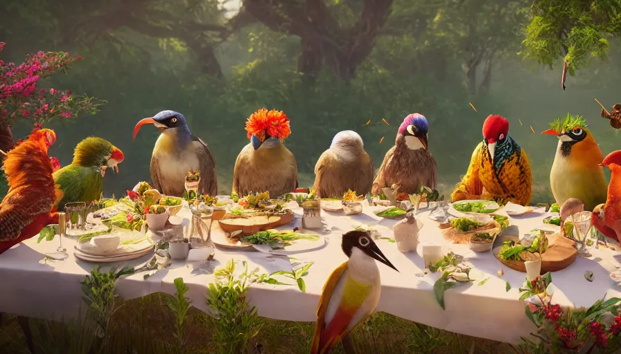 Image similar to a table dinner of exotic birds where birds are dressed like the characters from the midsommar movie wearing flowers, realistic detailed digital art by maxwell boas jessica rossier christian dimitrov anton fadeev trending on artstation cgsociety rendered in unreal engine 4 k hq