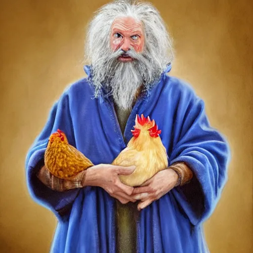 Prompt: a portrait of a wizard holding his pet chicken in his hands by Tony Sart, confused facial expression, blue robe, long white beard, frizzy hair, crazy hair, messy hair, ArtStation, realistic, detailed