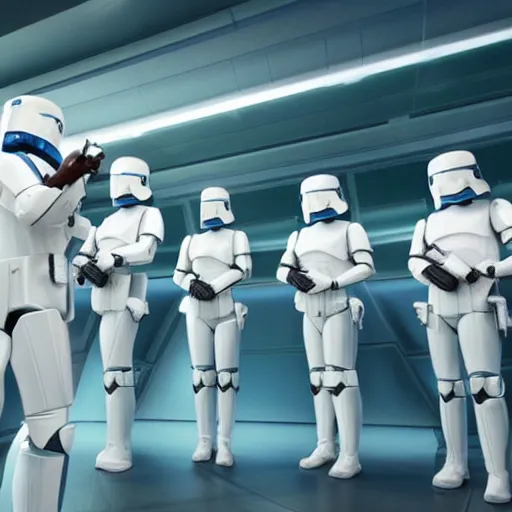 Image similar to troop of very short cloned women with white bob hairdos, tight light blue space trooper suits, standing next to tall scientist looking at a clipboard, futuristic cloning facility, sci - fi, highly detailed, cinematic