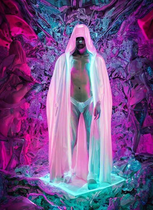 Prompt: photo of fullbodied baroque and bladerunner delicate neon diamond sculpture of seductive onyx albino marble prince joe jonas dotado pink iridescent humanoid deity wearing blue plastic hooded cloak holding an glass skull in a onyx alien dungeon, reclining, glowing magenta face, crown of white diamonds, cinematic lighting, photorealistic, octane render 8 k depth of field 3 d