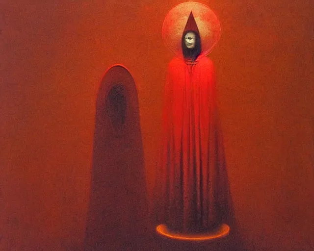 Image similar to by francis bacon, beksinski, mystical redscale photography evocative. devotion to the scarlet woman, priestess in a conical hat, coronation, ritual, sacrament