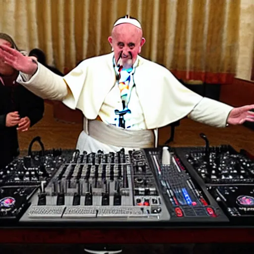Prompt: the pope on the dj decks