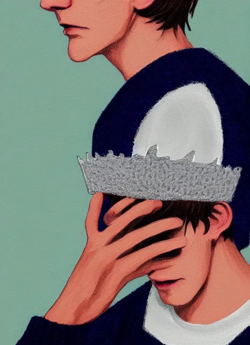 Image similar to portrait of teenage jughead jones wearing a light grey crown, symmetrical crown, sweater with letter s on it, hamburger, eyes closed, crown, black hair, intricate, elegant, glowing lights, highly detailed, digital painting, artstation, concept art, smooth, sharp focus, illustration, art by wlop, mars ravelo and greg rutkowski