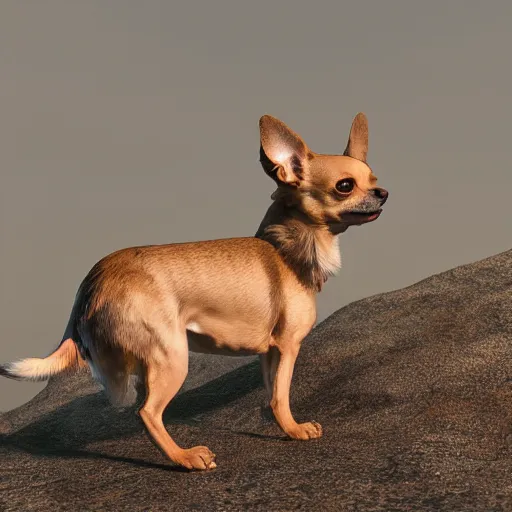 Image similar to chihuahua standing on a hill looking like a lion but it's a chihuahua, highly realistic digital art, 4 k, raytracing