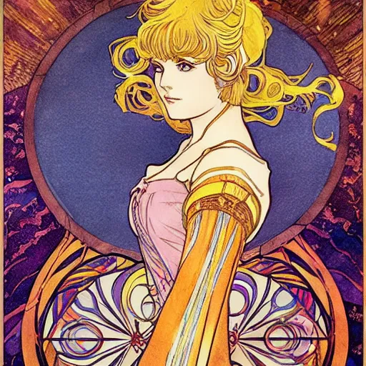 Prompt: the sailor galaxia. beautiful, realistic painting by mucha and kuvshinov and bilibin. watercolor, thick lining, manga, soviet realism