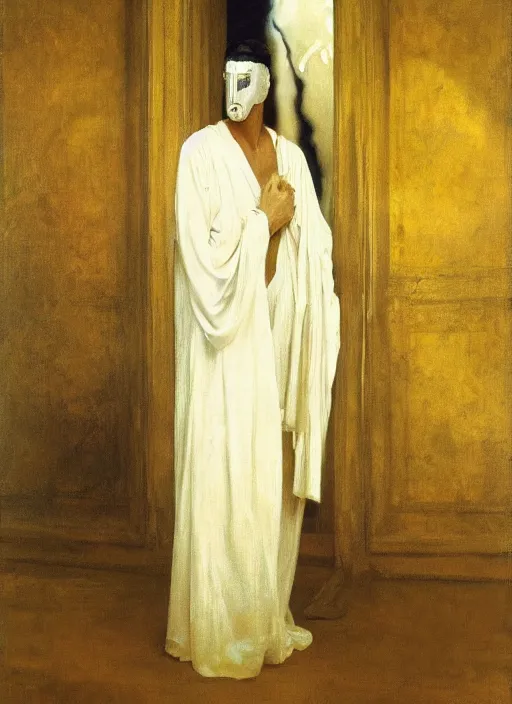 Image similar to an oil painting of a tall person in flowing white robes wearing a white venetian carnival mask standing in a gloomy dark room with hazy sunlight streaming through the window, in the style of john singer sargent, greg rutkowski, maxfield parrish and alphonse mucha