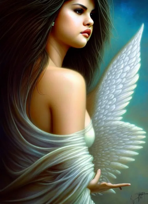 Image similar to selena gomez as an angel, aesthetic, fine art, intricate, elegant, highly detailed, realistic hair, centered, digital painting, art station, conceptual art, soft, sharp focus, illustration, artwork, artgerm, tomasz alen kopera, peter mohrbacher, donato giancola, wlop, boris vallejo