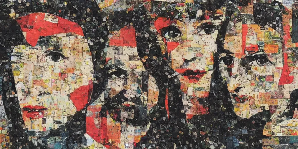 Image similar to portrait of three women, paper collage, mimmo rotella.