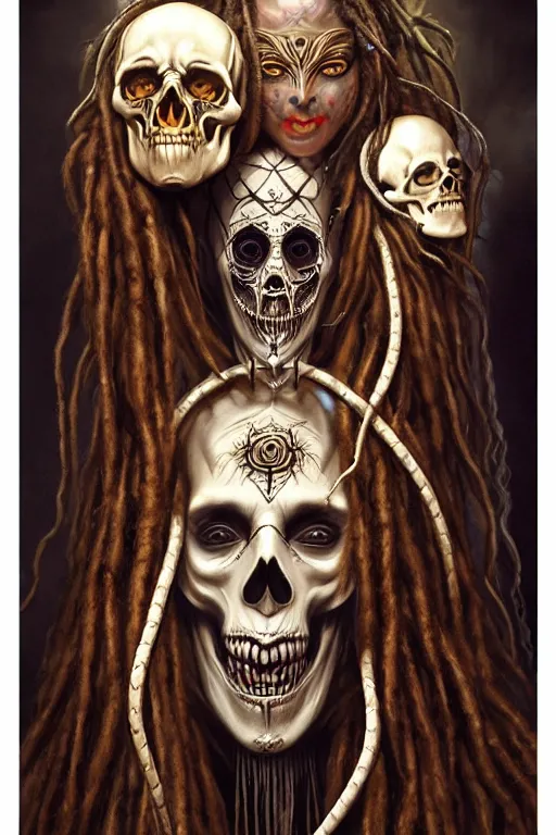 Image similar to evil angels that look like hippies with dreadlocks dancing with snakes, fantasy, face with skull mask, long hair, intricate, elegant, highly detailed, digital painting, artstation, concept art, smooth, sharp focus, illustration, art by artgerm and greg rutkowski and aleister crowley