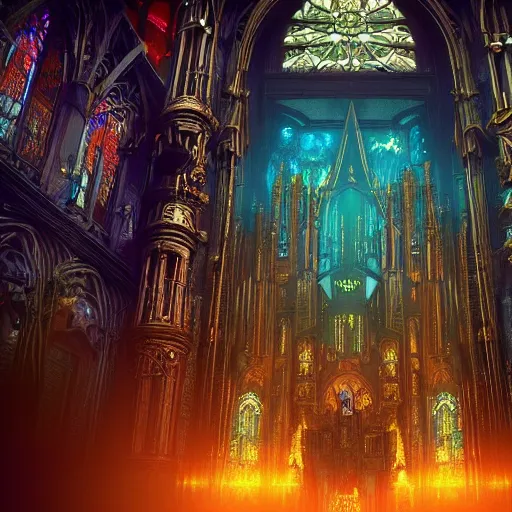 Image similar to a ultra detailed radiant gothic machine cathedral, that looks like cyberpunk 2077 and fallout 4, by Dan Mumford and Sam Yang and beeple and Seb McKinnon:3, gothic architecture, arches, vaults, vivid colors, panorama, blue and gold color scheme:2, runic symbols, arcane drawings, gears and industrial parts, mainboard and circuits:3, dramatic light, golden ratio composition, trending on artstation, trending on behance, f16, blur:-2