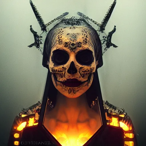 Image similar to queen of death. intricate portrait, occult cyberpunk, ancient futuristic, dark art, trending on artstation, occult.rendered in octane render