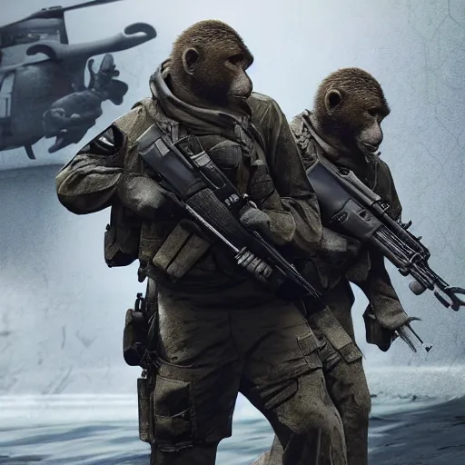 Image similar to monkey navy seals, call of duty, fully armed, 4 k, photorealistic, detailed