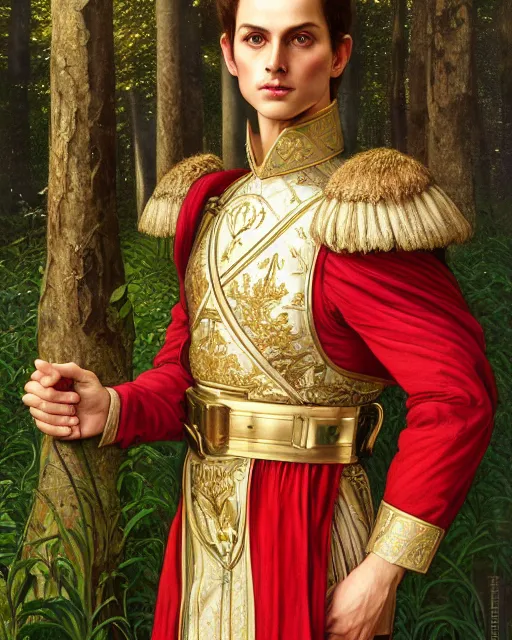 Image similar to symmetry portrait of welsh brunette prince in mans tunic, glam, fae, short hair, forest background, intricate, elegant, highly detailed, digital painting, artstation, concept art, smooth, sharp focus, illustration, art by artgerm and greg rutkowski and fra angelico and alphons mucha