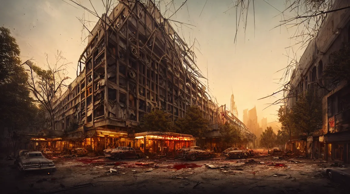 Image similar to post apocalyptic city fair building, dusk, building, avenue, americana architecture, by pascal blanche, neil blevins, apocalyptic color palette, trending on artstation, photorealistic, wilderness ambiance, ultra detailed, high definition, depth of field, bokeh, rubble, nature overgrowth, blood stains, building crumbling