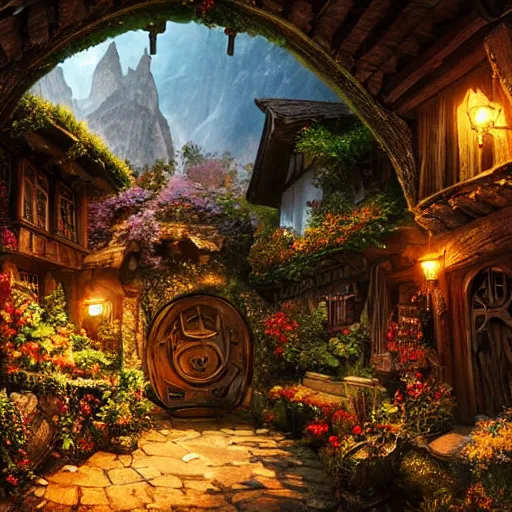 Image similar to my precious! - the hobbit - j. r. r. tolkien - a medieval village in switzerland, ornate, beautiful, atmosphere, vibe, flowers, concept art illustration, greg rutowski, volumetric lighting, sunbeams, particles