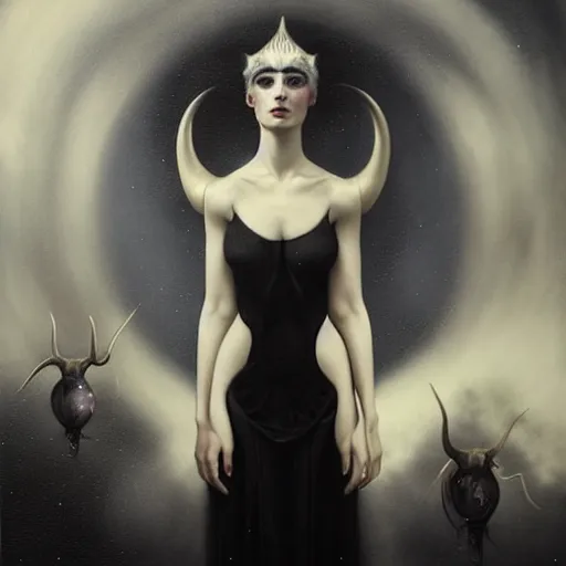 Prompt: By Tom Bagshaw, ultra realist soft painting of a curiosities carnival by night, very beautiful horned single female in long curvy dress facing a transparent glass sphere, symmetry accurate features, very intricate details, omnious sky, black and white, volumetric light clouds