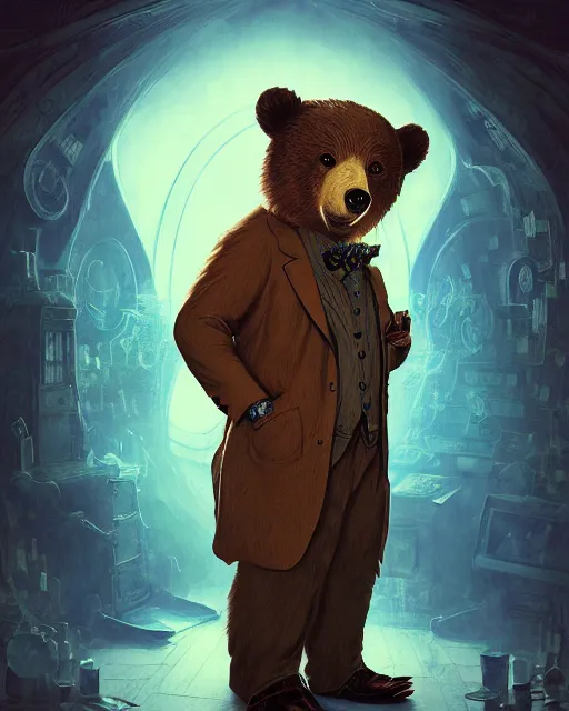 Prompt: anthropomorphic art of a detective bear in tardis, victorian inspired clothing by artgerm, victo ngai, ryohei hase, artstation. fractal papersand books. highly detailed digital painting, smooth, global illumination, fantasy art by greg rutkowsky, karl spitzweg