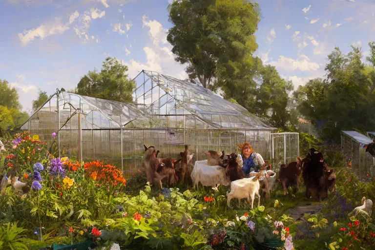 Image similar to weed greenhouse with hundreds of goats in the yard, goat farm, rococo style, greek architecture, green marble building, marijuana trees, multicolored weed leaves, dynamic lighting, landscape, artwork by jeremy lipkin and giuseppe dangelico pino and michael garmash and rob rey and greg manchess and huang guangjian and makoto shinkai, pixiv, 1 0 0 mm