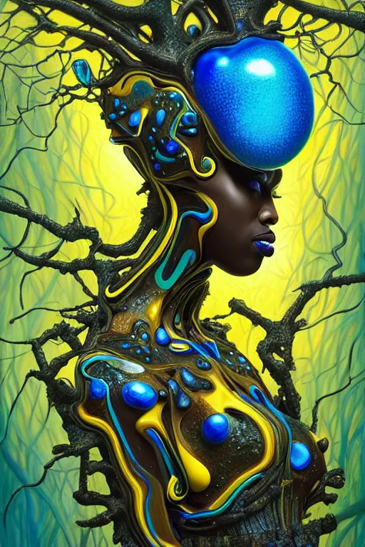 Image similar to hyperrealistic deconstructed super expressive! black woman with exoskeleton armor, merging with tree in a forest, highly detailed digital painting masterpiece smooth cam de leon hannah yata dramatic pearlescent blue yellow light ground angle hd 8k sharp focus