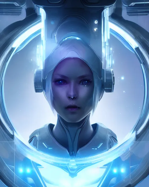 Image similar to perfect android girl on a mothership, warframe armor, beautiful face, scifi, futuristic, galaxy, nebula, raytracing, dreamy, long white hair, blue cyborg eyes, sharp focus, cinematic lighting, highly detailed, artstation, divine, by gauthier leblanc, kazuya takahashi, huifeng huang