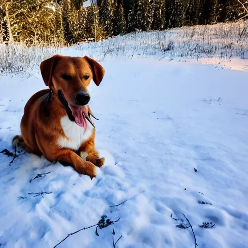 Prompt: dog under snow, smiling