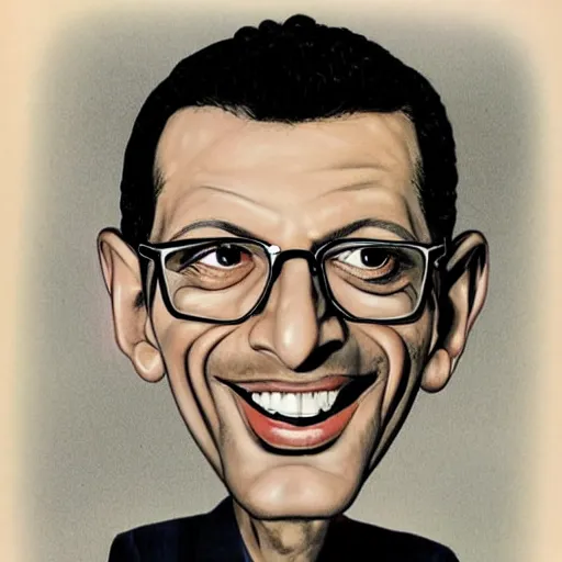 Image similar to a caricature portrait of Jeff Goldblum drawn by Mort Drucker Mad Magazine