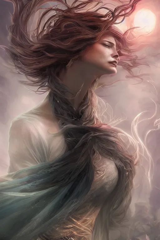 Image similar to seductive looking sorceress prays!!! magic the gathering, windy hair!, surreal dark fantasy, cinematic volumetric lights, portrait, dnd, intricate, elegant, highly detailed, digital painting, artstation, concept art, smooth, sharp focus, illustration, art by artgerm and tom bagshaw and greg rutkowski and alphonse mucha
