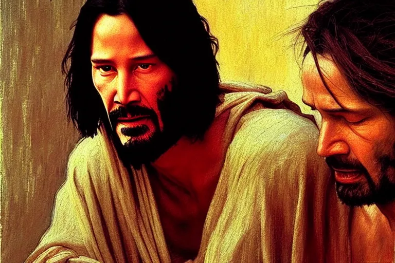 Prompt: keanu reeves as jesus christ in “ the last temptation of christ ” ( 1 9 8 8 ). oil painting in the style of edward hopper and ilya repin gaston bussiere, craig mullins, j. c. leyendecker. warm colors. detailed and hyperrealistic. concept art