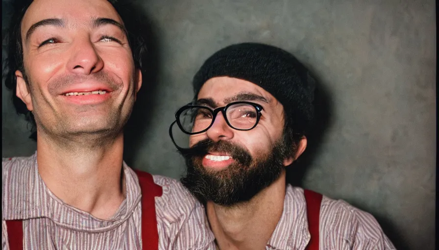 Image similar to far view, extremely skinny malnourished jimmy fallon with long beard, wearing dirty overalls, dirty greasy face, grin, portrait, close up, kodak gold 2 0 0, 5 0 mm,