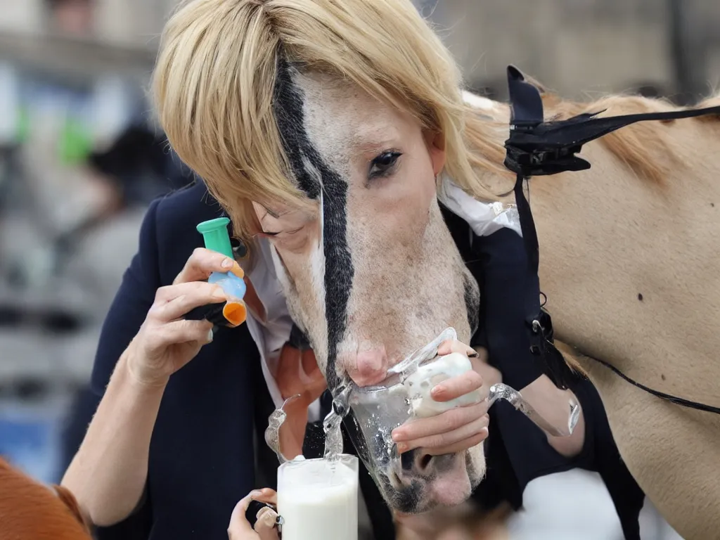 Image similar to liz truss drinking milk from the mouth of a horse