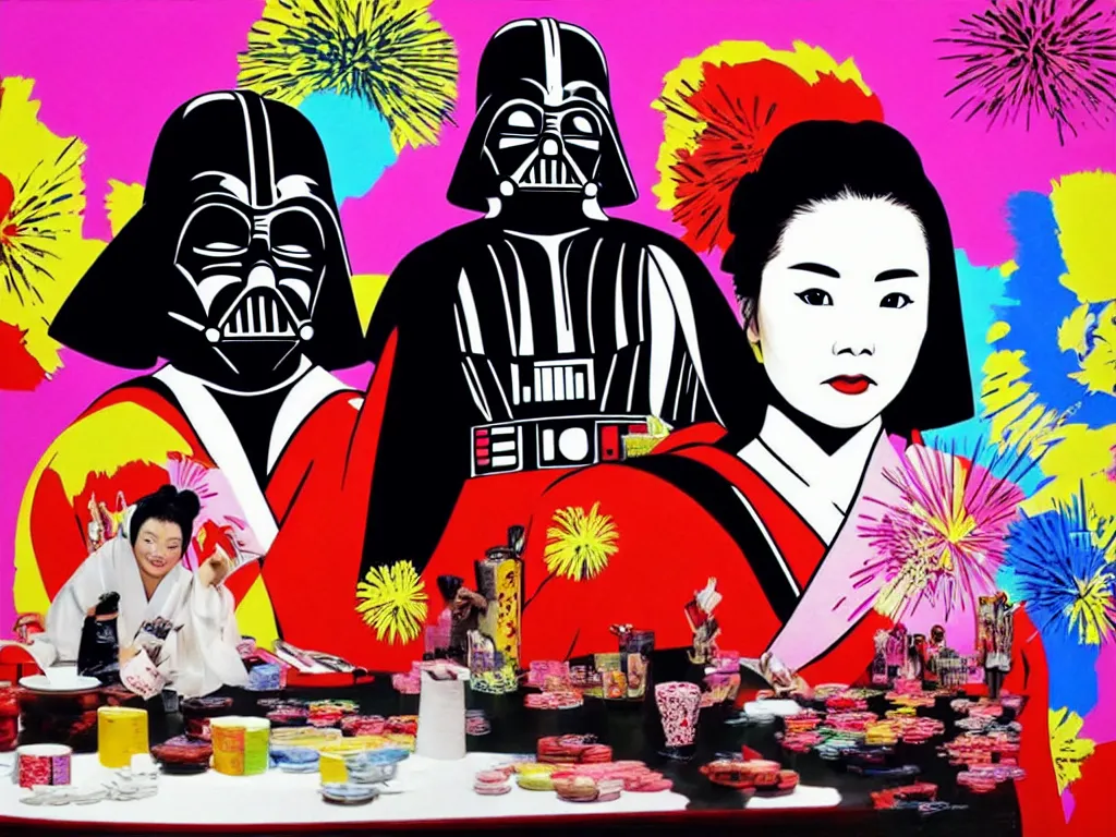 Prompt: hyperrealistic composition, in the middle a woman in a japanese kimono, behind her stands darth vader, in front of her a table from the casino, in the background is mount fuji and fireworks, pop - art style, jacky tsai style, andy warhol style, acrylic on canvas