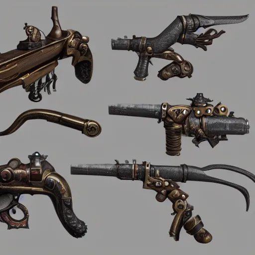 Image similar to steampunk style weapons, concept art, octane render