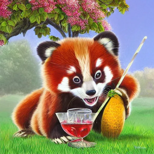 Prompt: very cute friendly happy high energy red pandas at a fancy garden party playing croquet and drinking lemonade, artwork by mark brooks and Asher Brown Durand, digital art