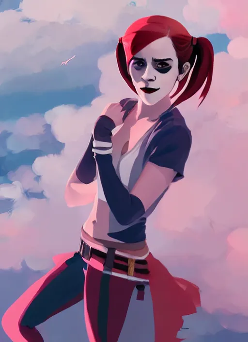 Image similar to portrait of emma watson as harley quinn, cloudy sky background lush landscape illustration concept art anime key visual trending pixiv fanbox by wlop and greg rutkowski and makoto shinkai and studio ghibli