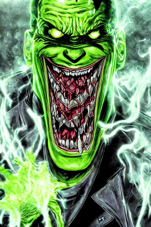 Prompt: angry joker, clenching teeth, with ghost smokes behind, green scary lights, illustration, jason fabok, jim lee, mark brooks, alex ross style, dark fantasy color scheme, cinematic, mysterious