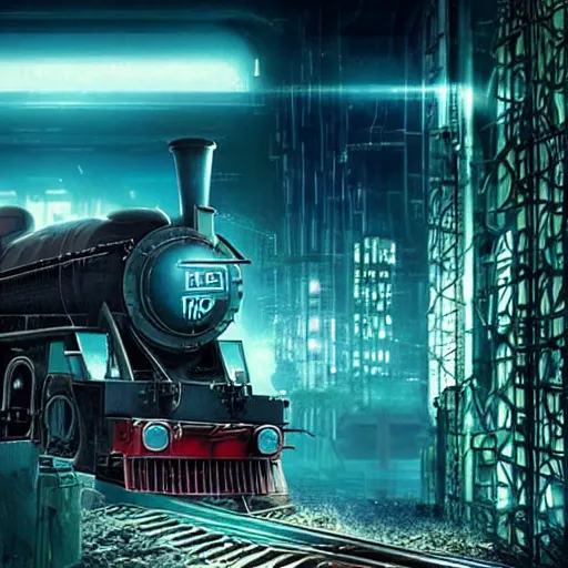 Image similar to :: Train to Hogwarts :: cyberpunk style :: Makoto Shinkai cyberpunk style :: Cinematography by Zack Snyder ::8k resolution :: cinematic shot :: epic :: awe :: masterpiece