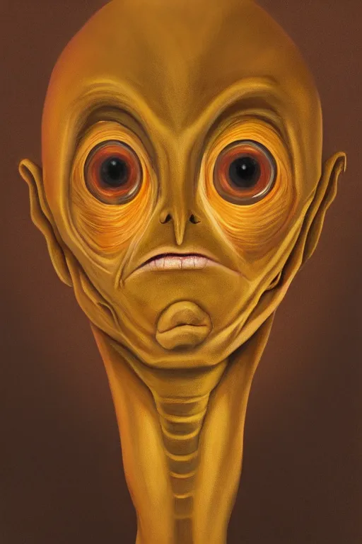 Prompt: a professionally painted portrait of an alien, large eyes, friendly, symmetry, golden hour, 8k, HD