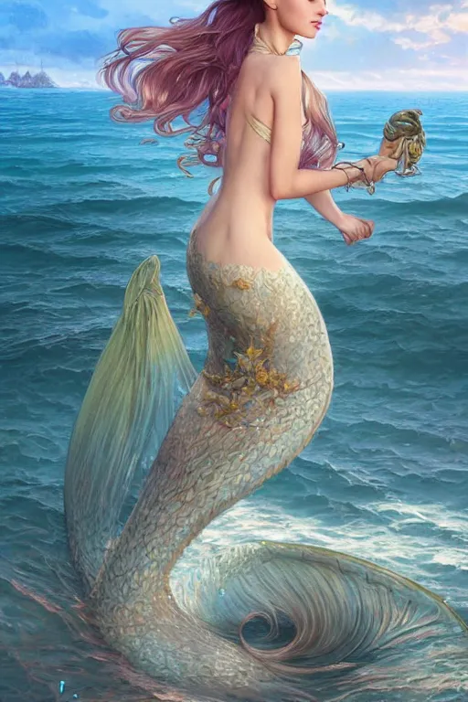 Image similar to beautiful cottagecore Ariana Grande, mermaid kingdom, beautiful Hair, magical beach, intricate, elegant, highly detailed, digital painting, artstation, concept art, smooth, sharp, focus, illustration, art by artgerm and greg rutkowski and alphonse mucha