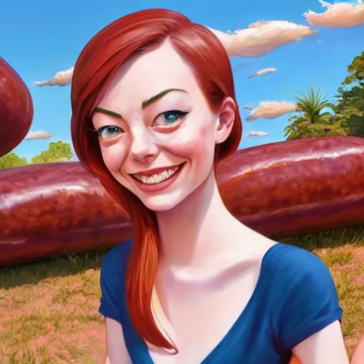 Prompt: emma stone smiling to see flying big italian sausages by concept artist gervasio canda, behance hd by jesper ejsing, by rhads, makoto shinkai and lois van baarle, ilya kuvshinov, rossdraws global illumination radiating a glowing aura global illumination ray tracing hdr render in unreal engine 5