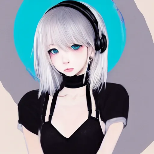 Prompt: realistic detailed semirealism beautiful gorgeous natural cute excited happy Blackpink Lalisa Manoban white hair white cat ears blue eyes, wearing black camisole outfit, headphones, black leather choker artwork drawn full HD 4K high resolution quality artstyle professional artists WLOP, Aztodio, Taejune Kim, Guweiz, Pixiv, Instagram, Artstation