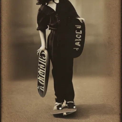 Image similar to a cute girl with curly black hair holding a skateboard, Daguerrotype