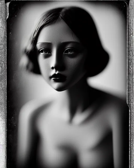 Image similar to tintype black and white dreamy young beautiful female artificial intelligence, metropolis, cinematic, rim light, bokeh, photo - realistic, elegant, high detail, 8 k, masterpiece, photo taken in 1 9 3 0