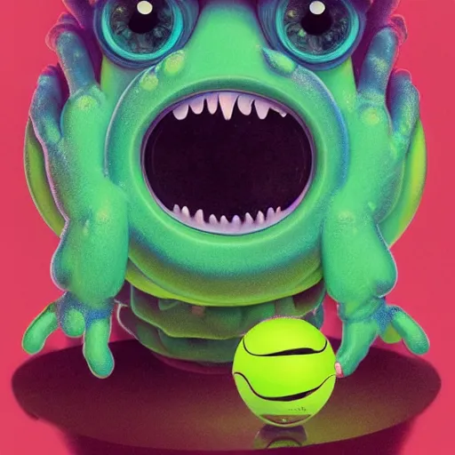 Image similar to a baby monster with six arms, Lofi vaporwave portrait tennis ball monster,chalk, Pixar style, Tristan Eaton, Stanley Artgerm, Tom Bagshaw, Basil Gogos