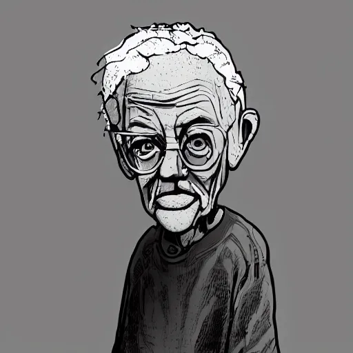 Image similar to detailed digital art of a old person wearing ragged and ruined clothes. the background is black with a little bit of glow behind the character