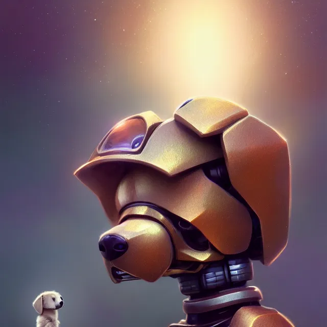Prompt: cute puppy robot, smiling, perfect face, bronze skin, cinematic, elegant, highly detailed, psychedelic, digital painting, artstation, smooth, hard focus, illustration, art by jessica rossier and and brian froud