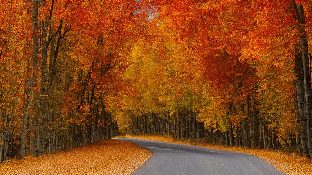 Image similar to a photograph of a country road lined on both sides by maple and poplar trees, in the autumn, red orange and yellow leaves, some leaves have fallen and are under the trees and on the road