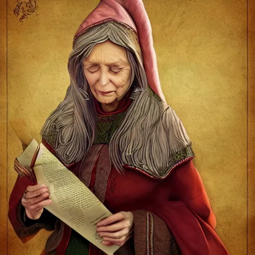 Image similar to A beautiful old female elf holding a scroll, preparing a spell, digital painting, detailed, realism, art station, intricate